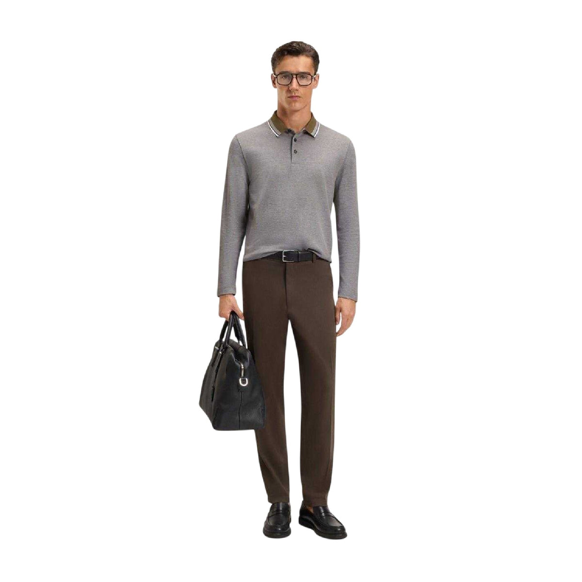 Grey-Olive Green - Lifestyle - Boss Mens Straight Long-Sleeved Polo Shirt