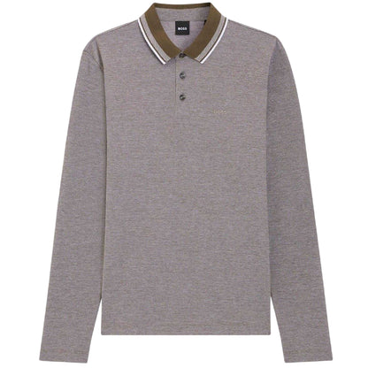 Grey-Olive Green - Front - Boss Mens Straight Long-Sleeved Polo Shirt