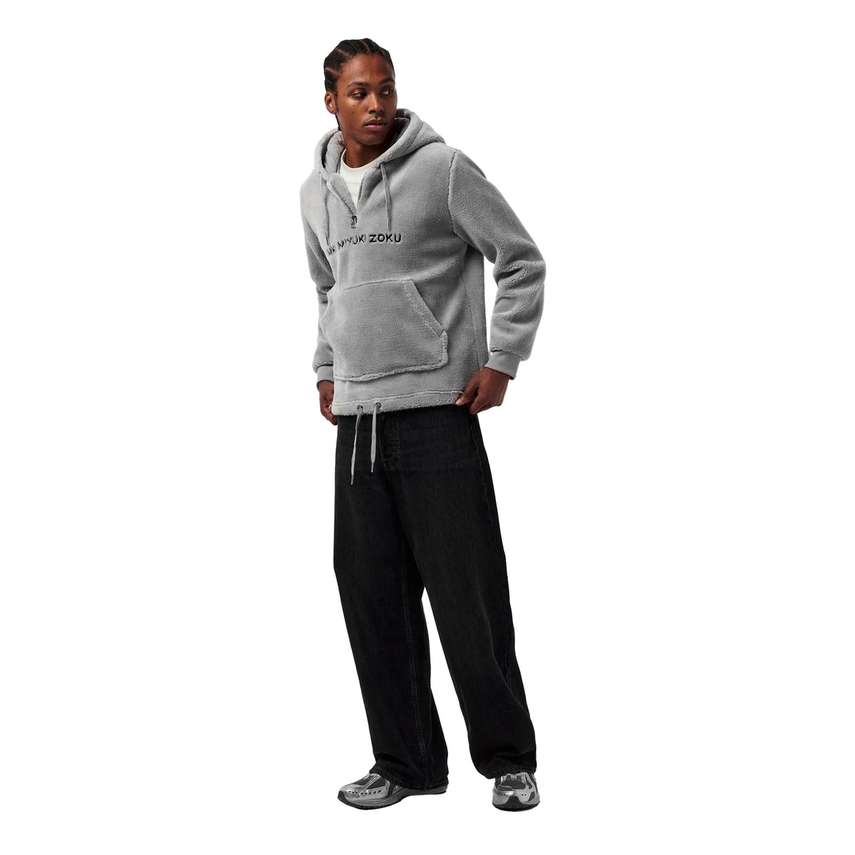 Grey - Close up - MKI MIYUKI ZOKU Mens Sherpa Half Zip Relaxed Fit Hoodie