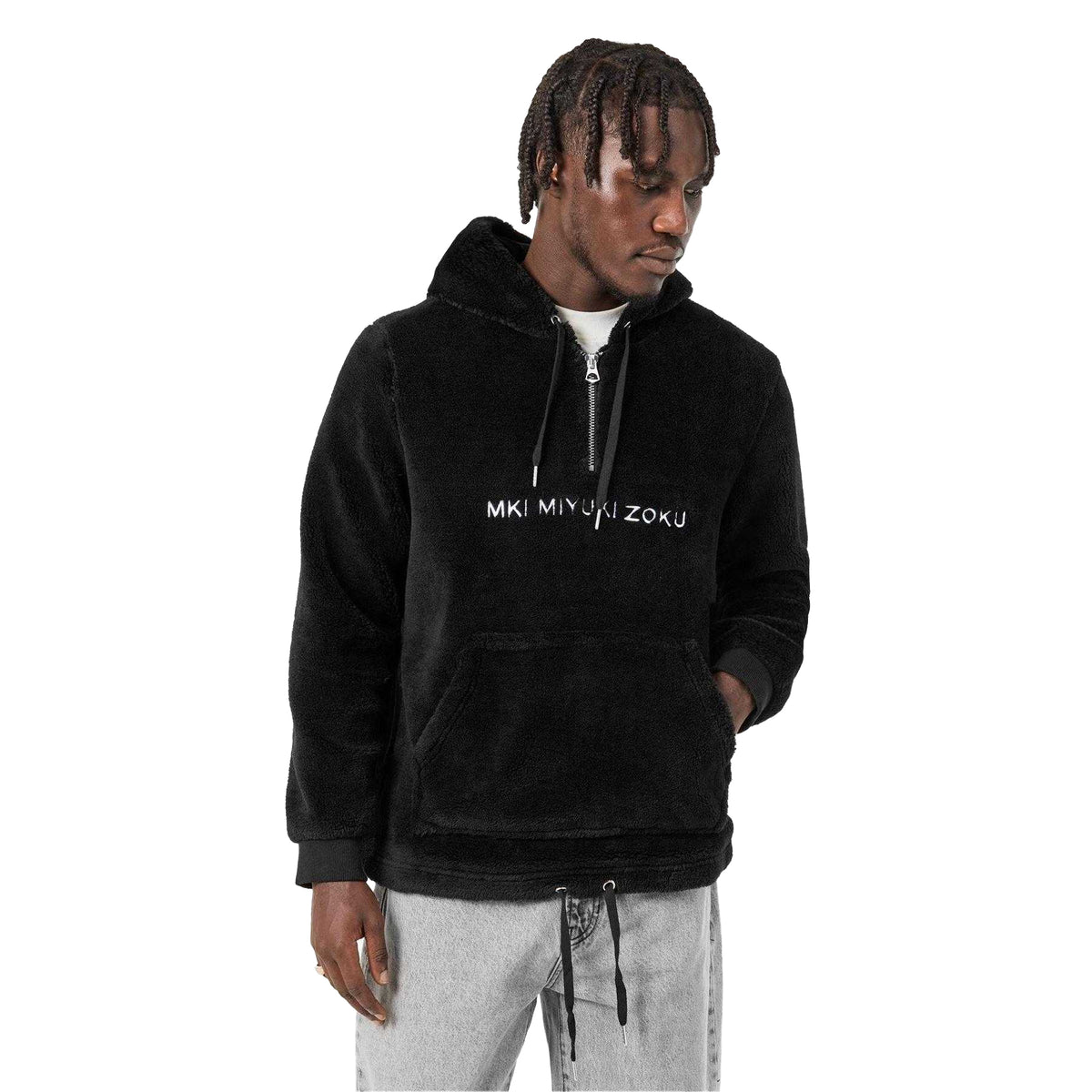 Black - Lifestyle - MKI MIYUKI ZOKU Mens Sherpa Half Zip Relaxed Fit Hoodie
