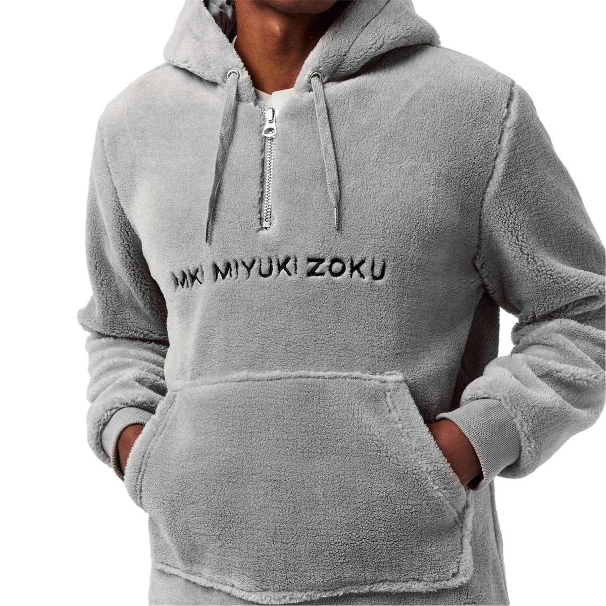 Grey - Side - MKI MIYUKI ZOKU Mens Sherpa Half Zip Relaxed Fit Hoodie
