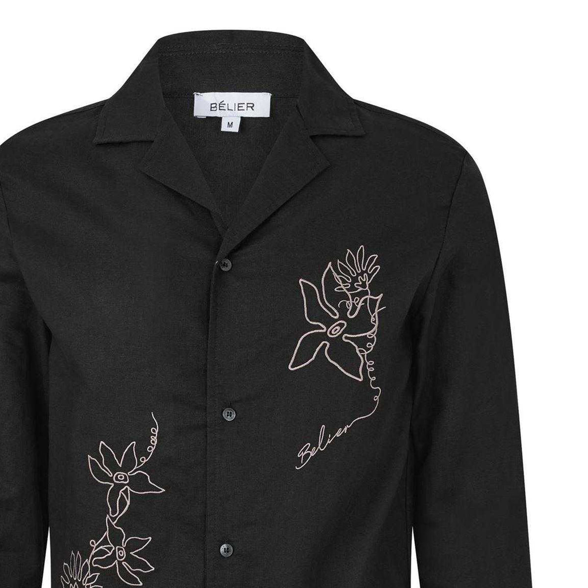 Black - Side - Belier Mens Embroidered Flower Long-Sleeved Shirt