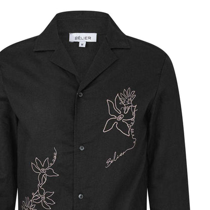 Black - Side - Belier Mens Embroidered Flower Long-Sleeved Shirt