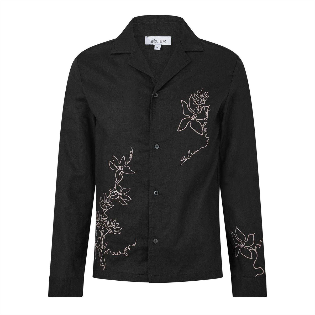 Black - Front - Belier Mens Embroidered Flower Long-Sleeved Shirt