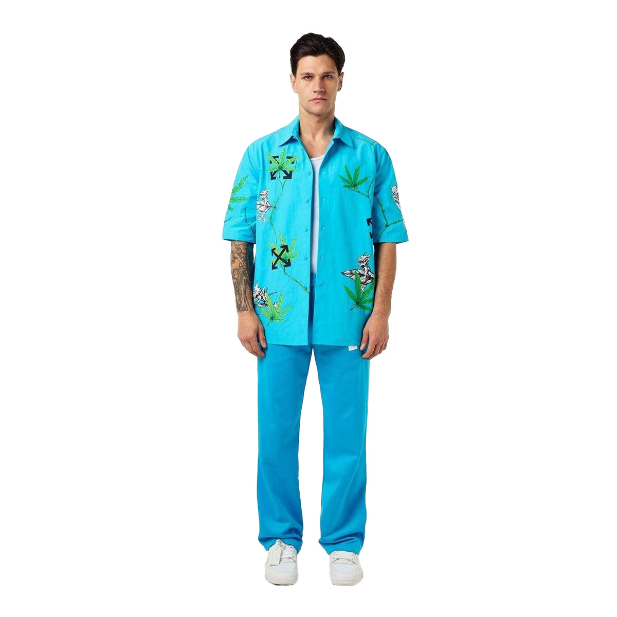 Blue - Close up - Off White Mens Virgil Leaves Relaxed Fit Shirt