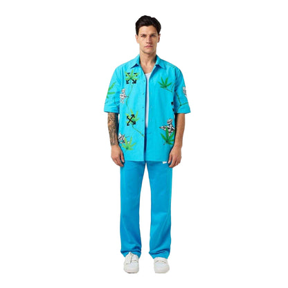 Blue - Close up - Off White Mens Virgil Leaves Relaxed Fit Shirt