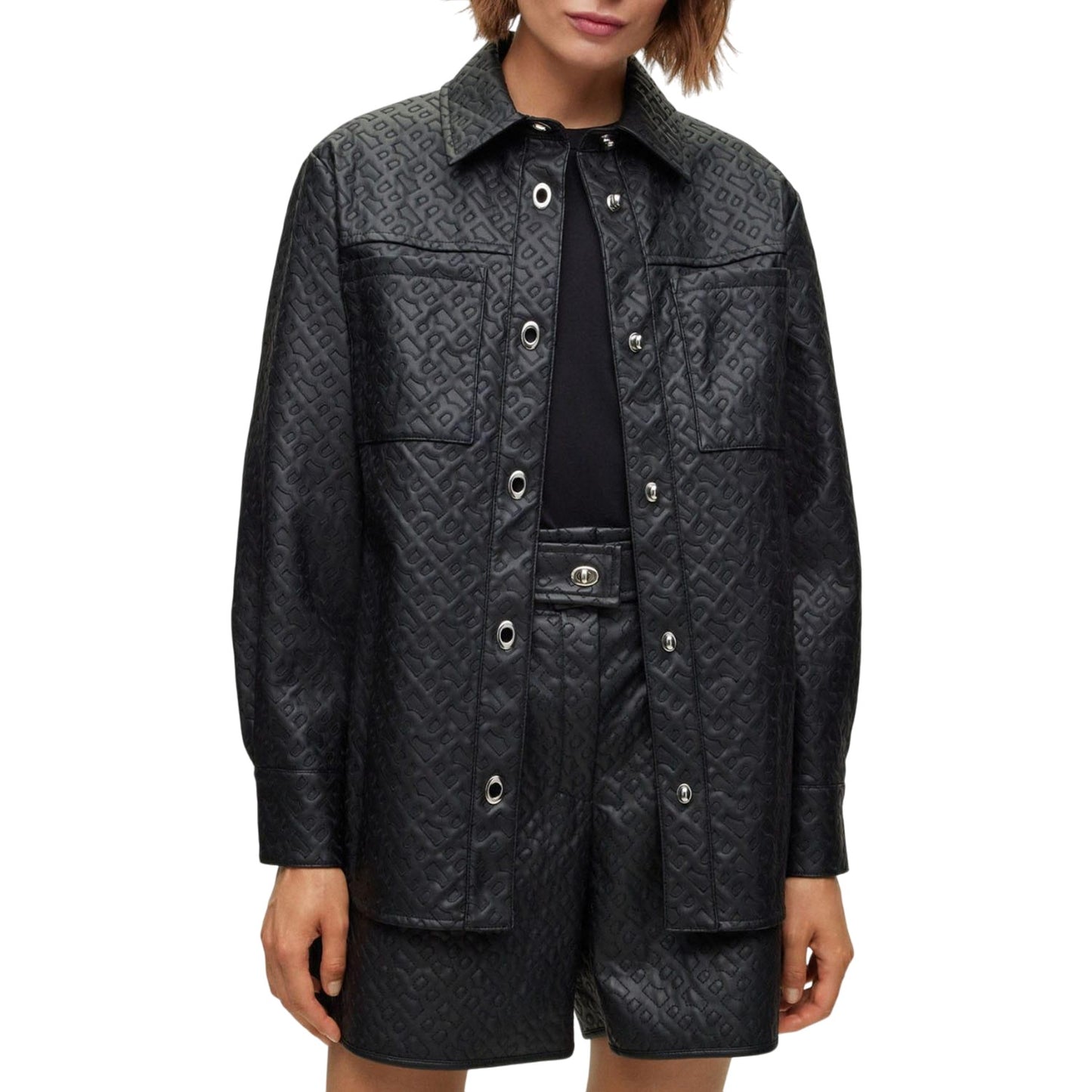 Black - Lifestyle - Boss Womens-Ladies Monogram Embossed Shirt