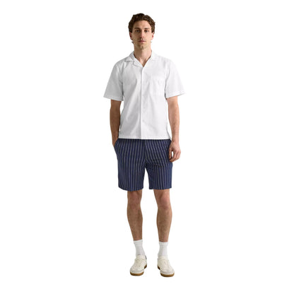 Dark Blue - Close up - Boss Mens Kane Fleece Striped Relaxed Fit Shorts