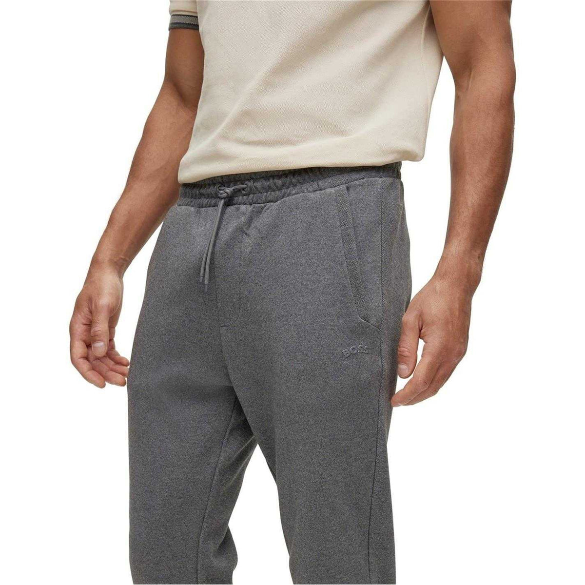 Grey - Side - Boss Mens Cotton Relaxed Fit Jogging Bottoms