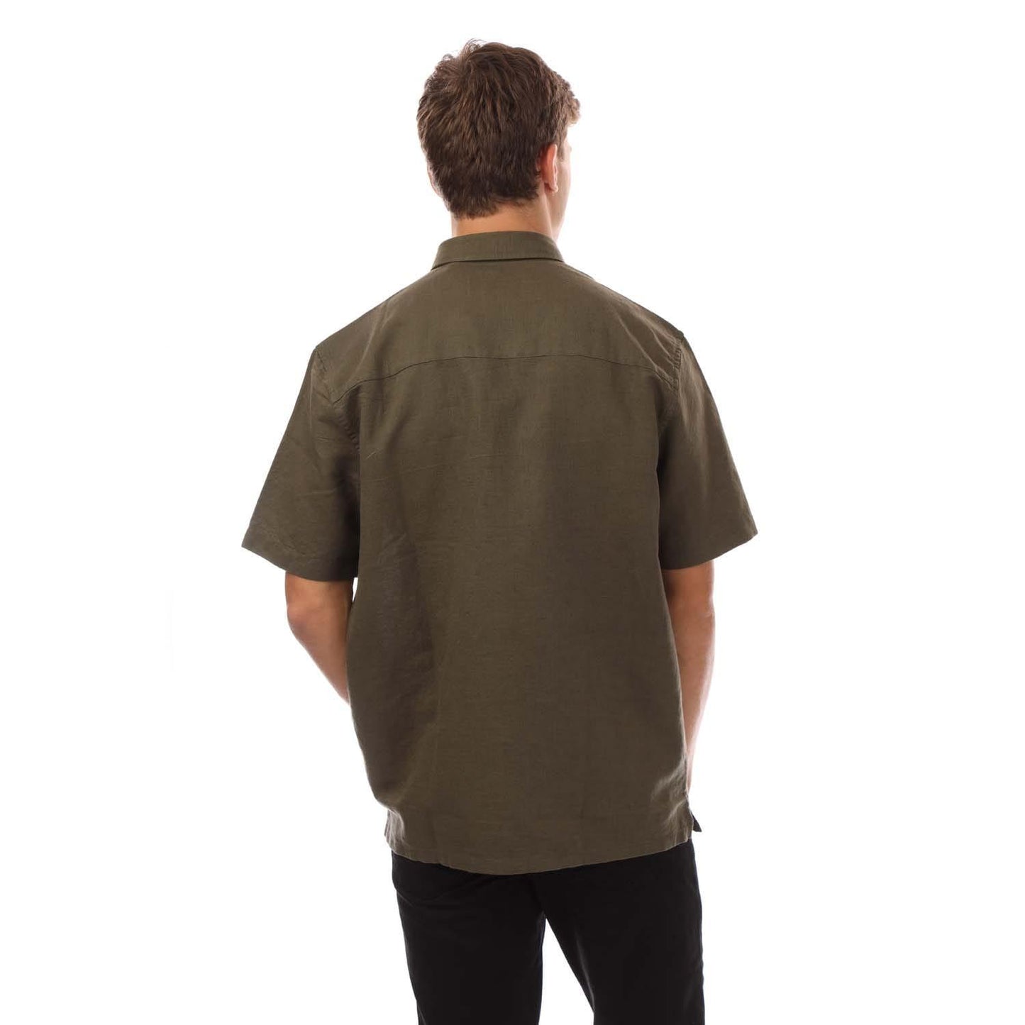 Olive - Back - Lyle & Scott Mens Linen Blend Short-Sleeved Shirt