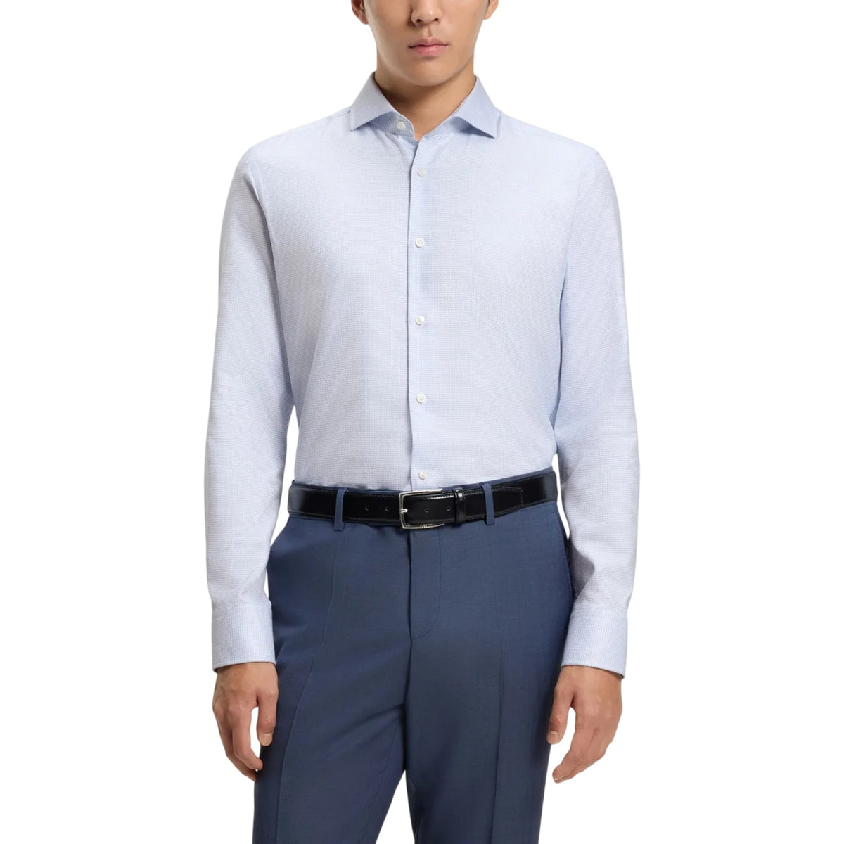 Light Blue - Lifestyle - Boss Mens Textured Check Spread Collar Shirt