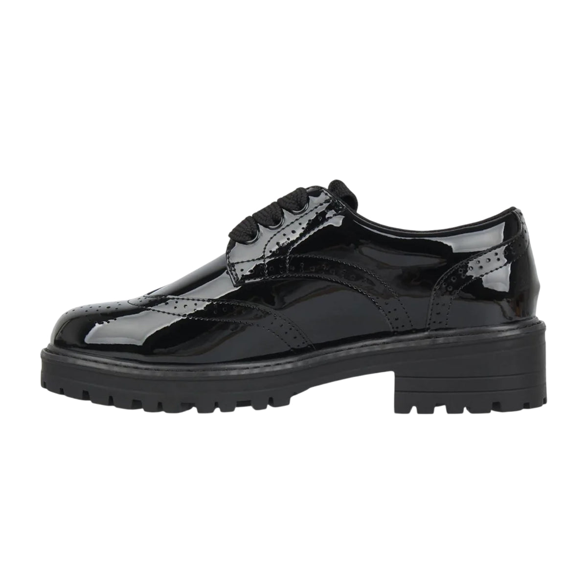 Black Patent - Back - Miso Girls Brogue Detailing Block Heel Shoes