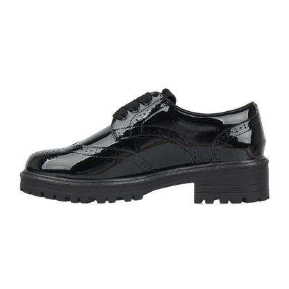 Black Patent - Back - Miso Girls Brogue Detailing Block Heel Shoes