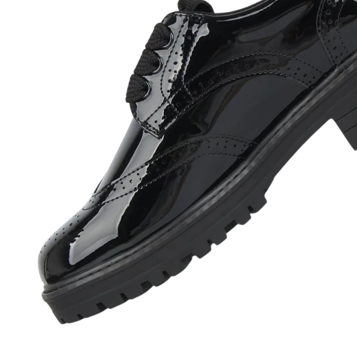 Black Patent - Side - Miso Girls Brogue Detailing Block Heel Shoes