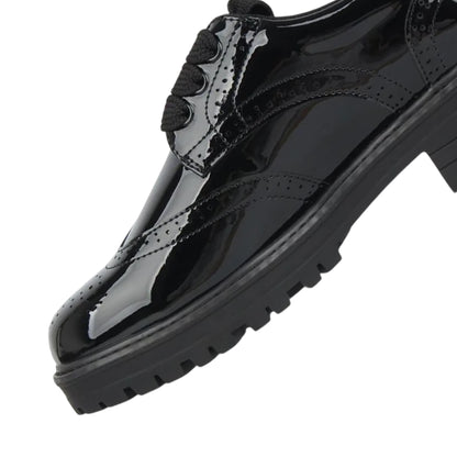 Black Patent - Side - Miso Girls Brogue Detailing Block Heel Shoes