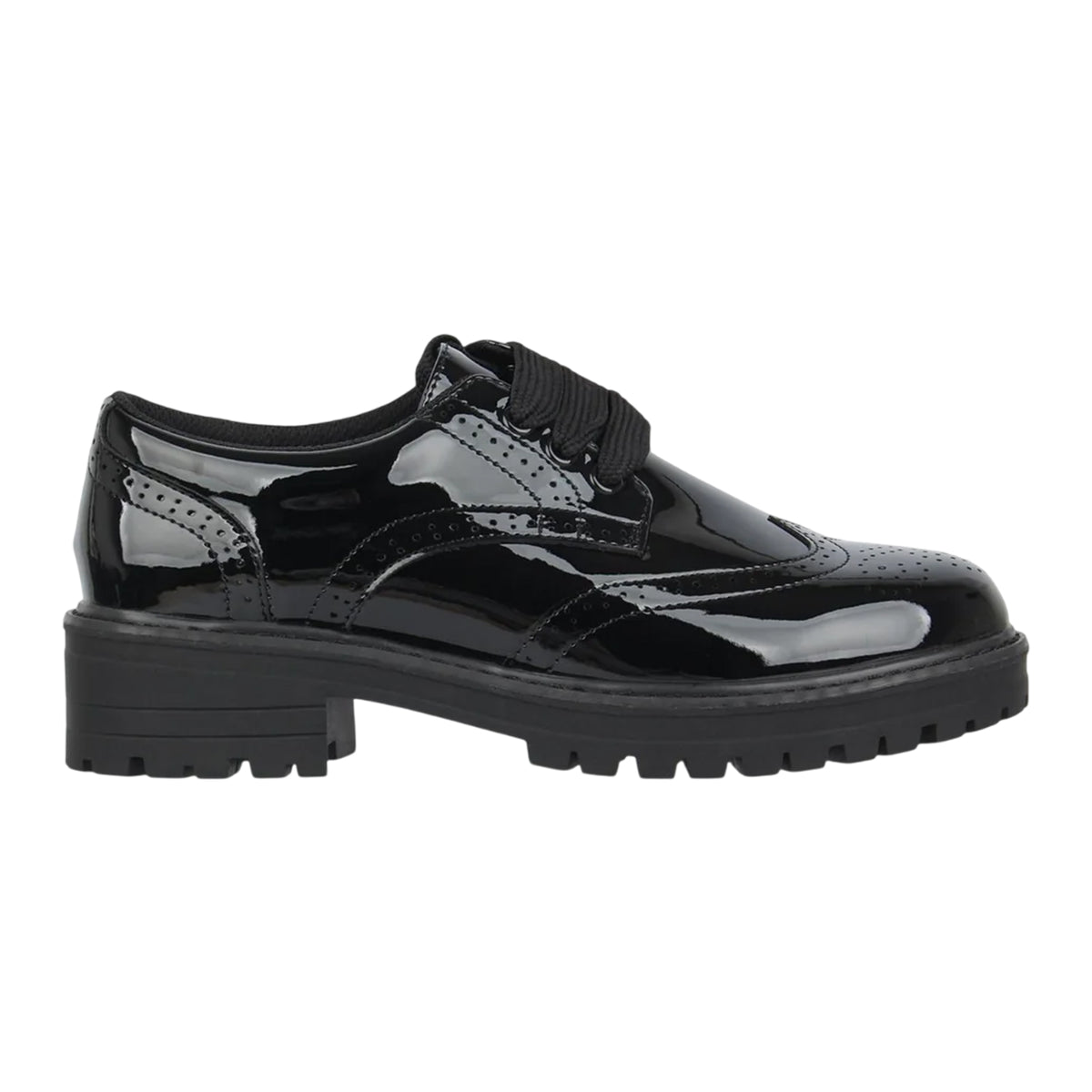Black Patent - Front - Miso Girls Brogue Detailing Block Heel Shoes