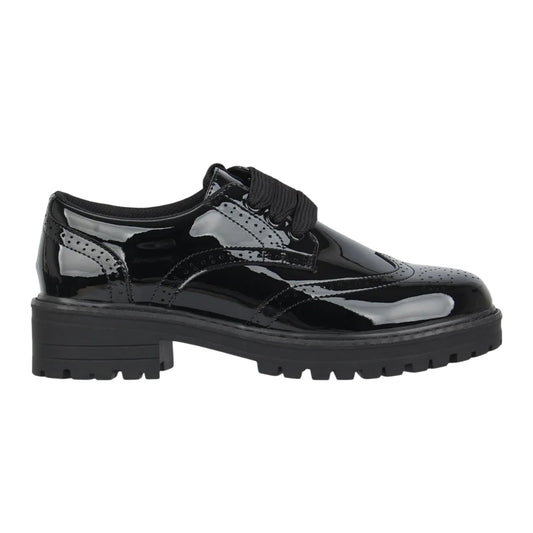 Black Patent - Front - Miso Girls Brogue Detailing Block Heel Shoes