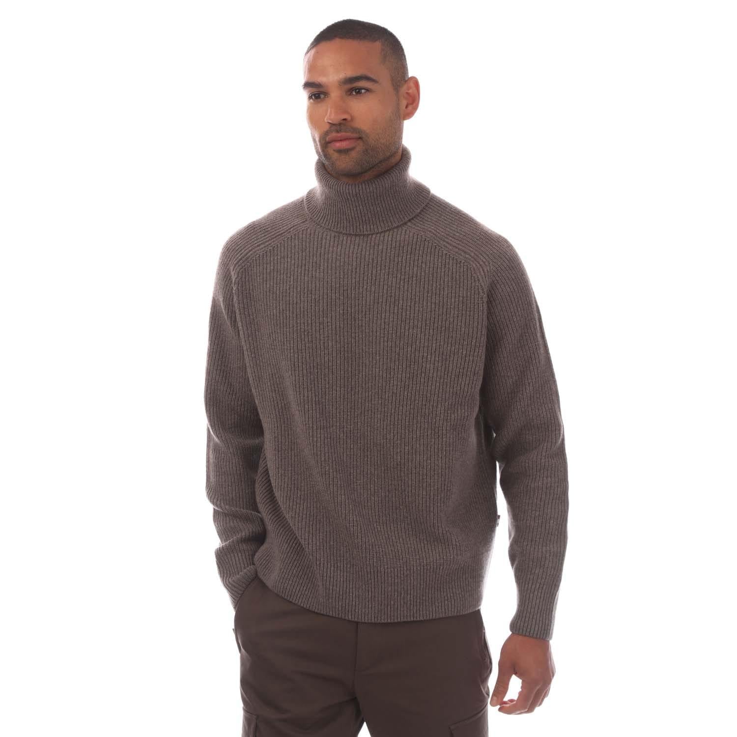 Beige - Front - Boss Mens C Evento Chunky Knit Roll Neck Sweater Top
