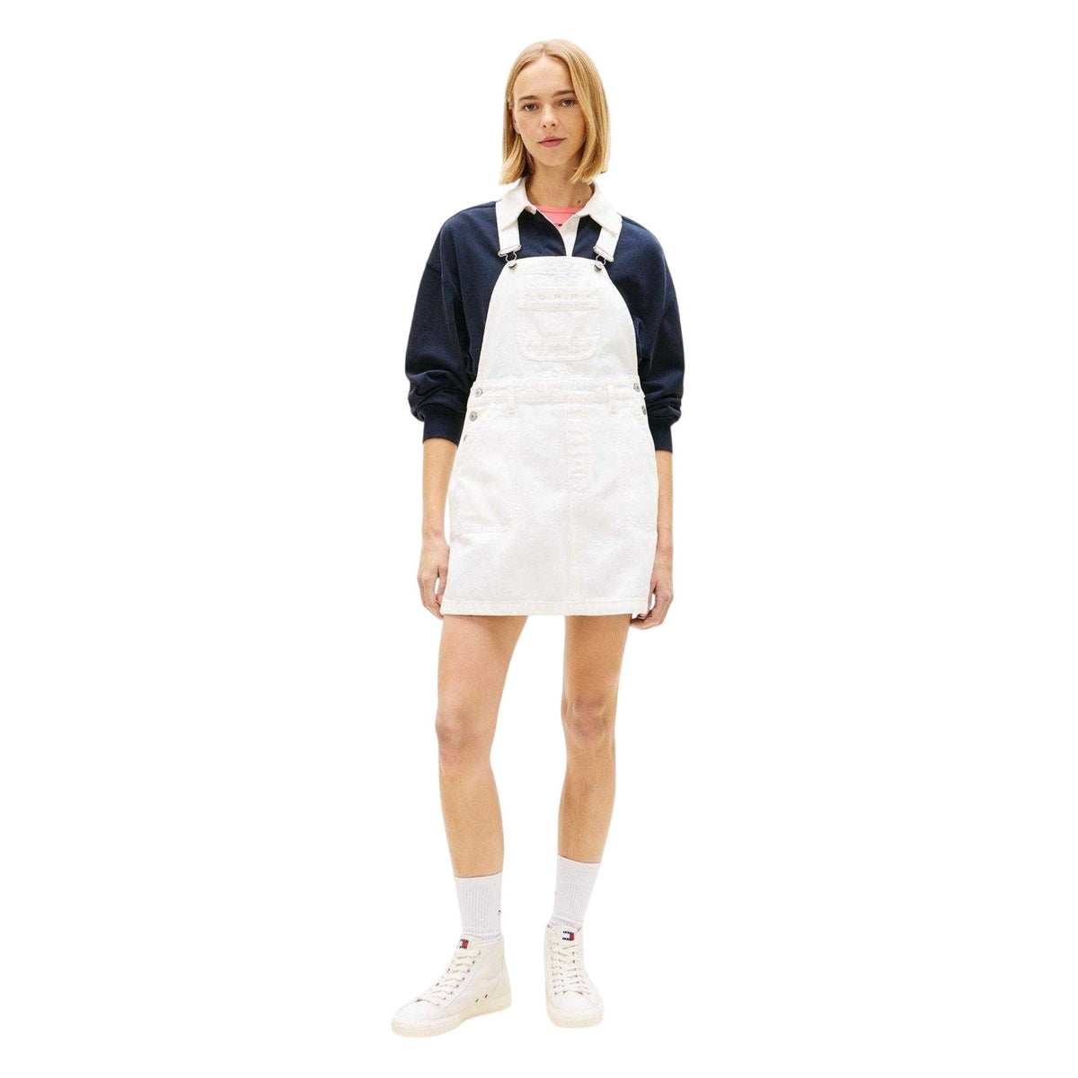 White - Pack Shot - Tommy Jeans Womens-Ladies Denim Dungarees