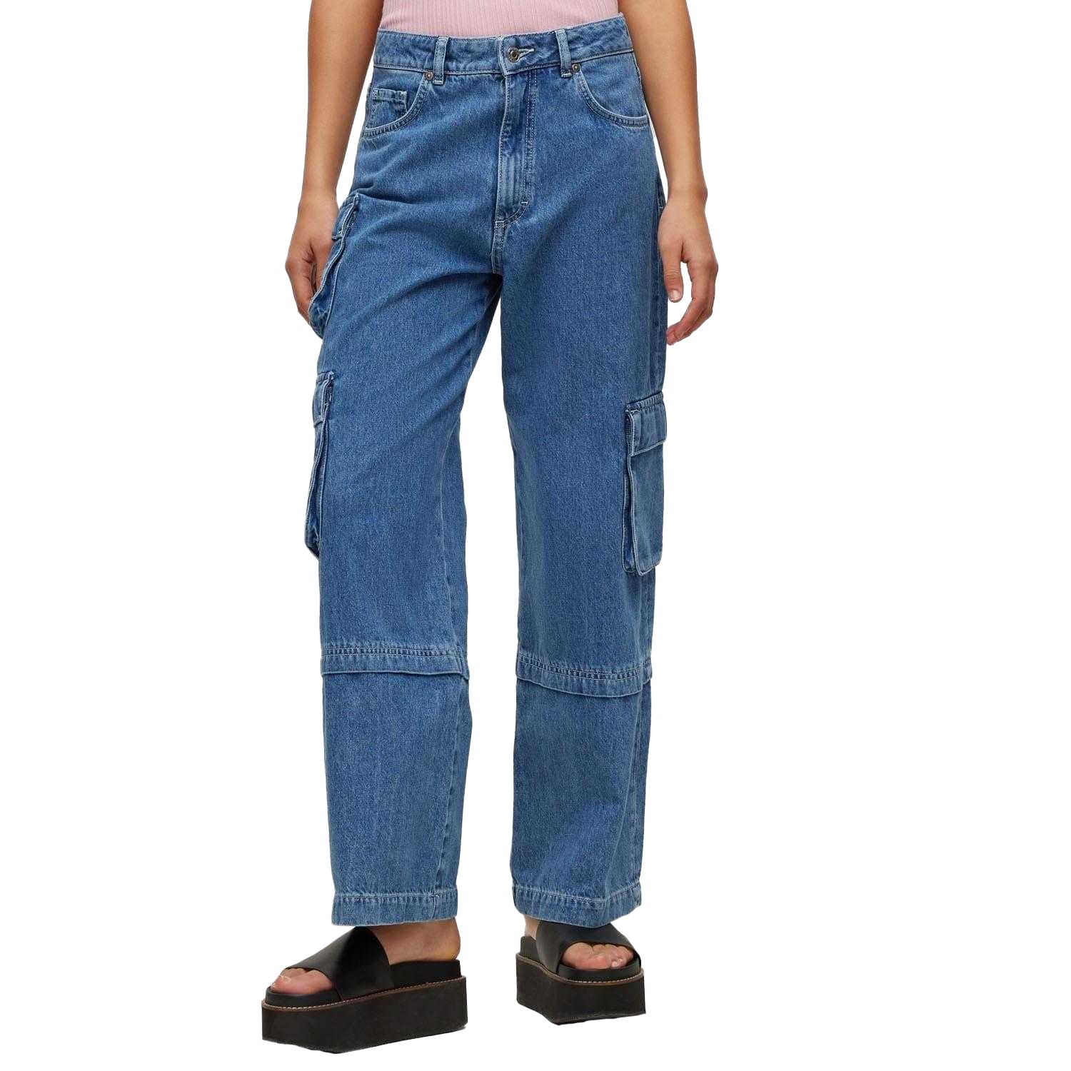 Blue - Side - Hugo Womens-Ladies Gashia Leather Badge Relaxed Fit Jeans