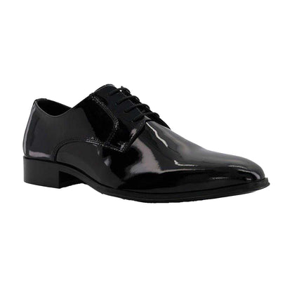 Black Patent - Pack Shot - Dune London Mens Formal Low Block Heel Gibson Shoes