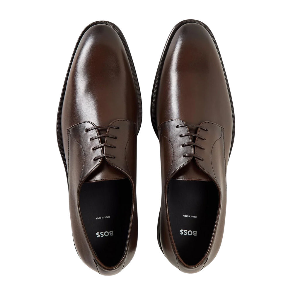 Dark Brown - Side - Boss Mens Derrek Leather Formal Derby Shoes