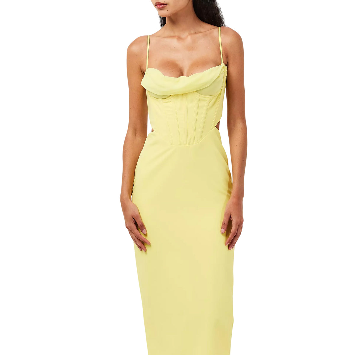 Lemon Yellow - Side - Bardot Womens-Ladies Martini Midi Cowl Neck Bodycon Dress