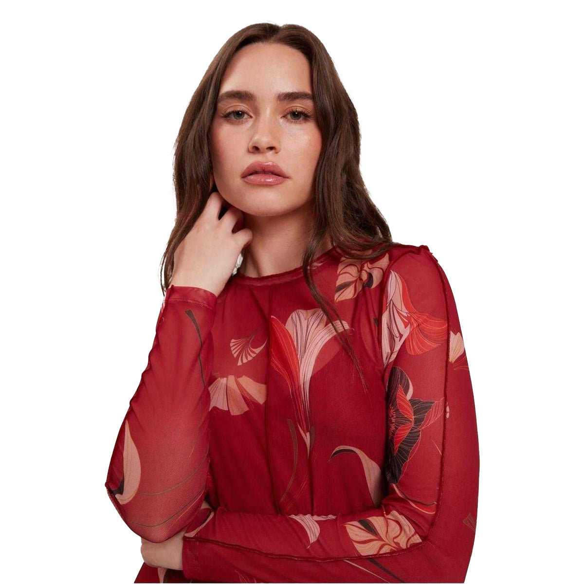 Red - Side - Ted Baker Womens-Ladies Mesh Long-Sleeved Mini Dress