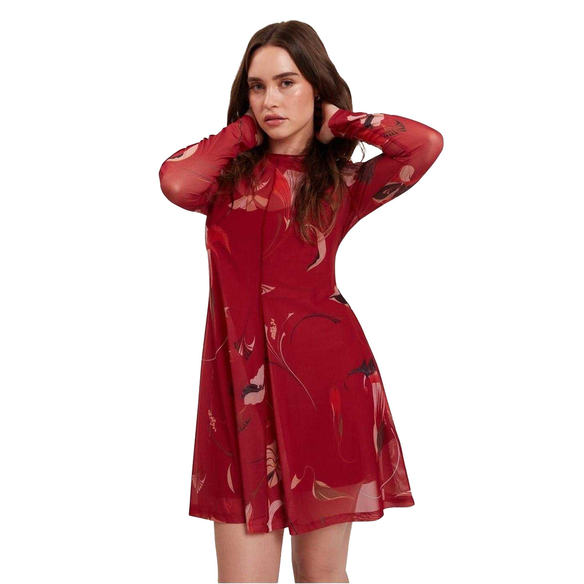 Red - Lifestyle - Ted Baker Womens-Ladies Mesh Long-Sleeved Mini Dress