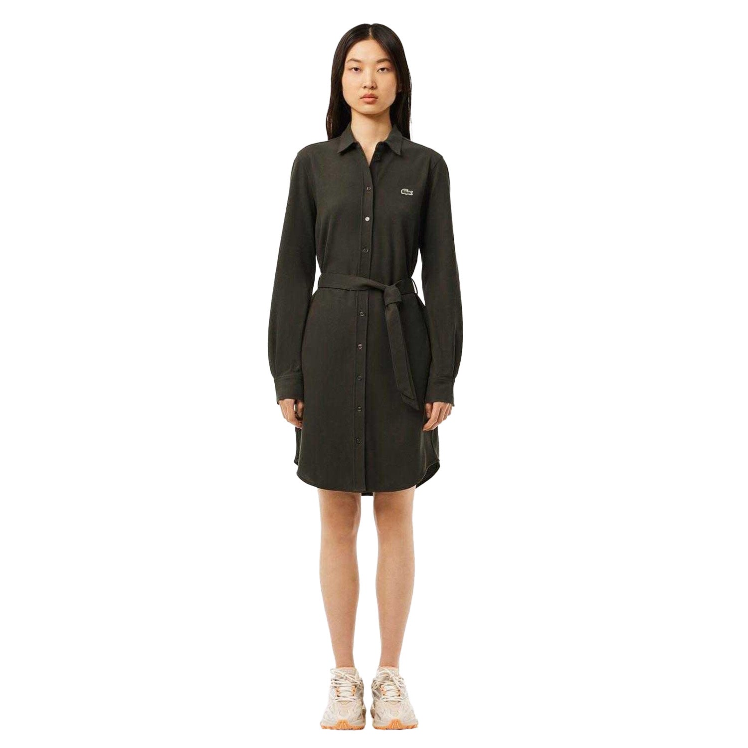 Green - Side - Lacoste Womens-Ladies Pique Belted Shirt Dress