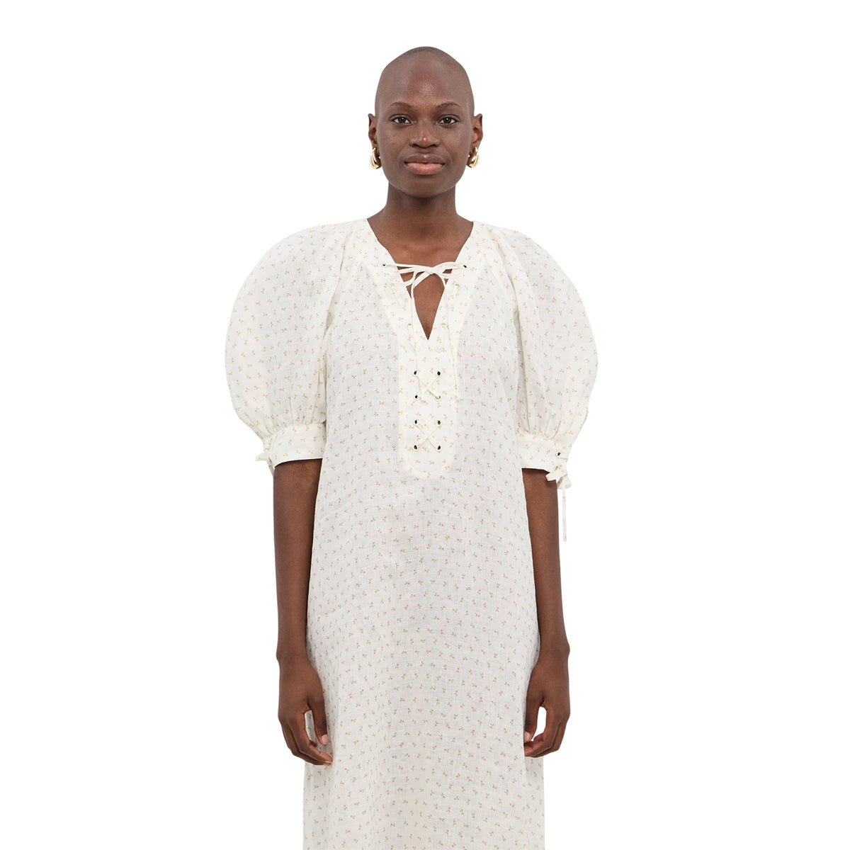 White - Side - Sleeper Womens-Ladies Floral Linen Loose Fit Puff Sleeve Midi Dress