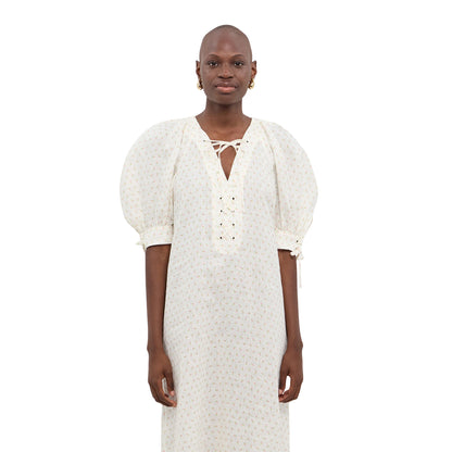 White - Side - Sleeper Womens-Ladies Floral Linen Loose Fit Puff Sleeve Midi Dress