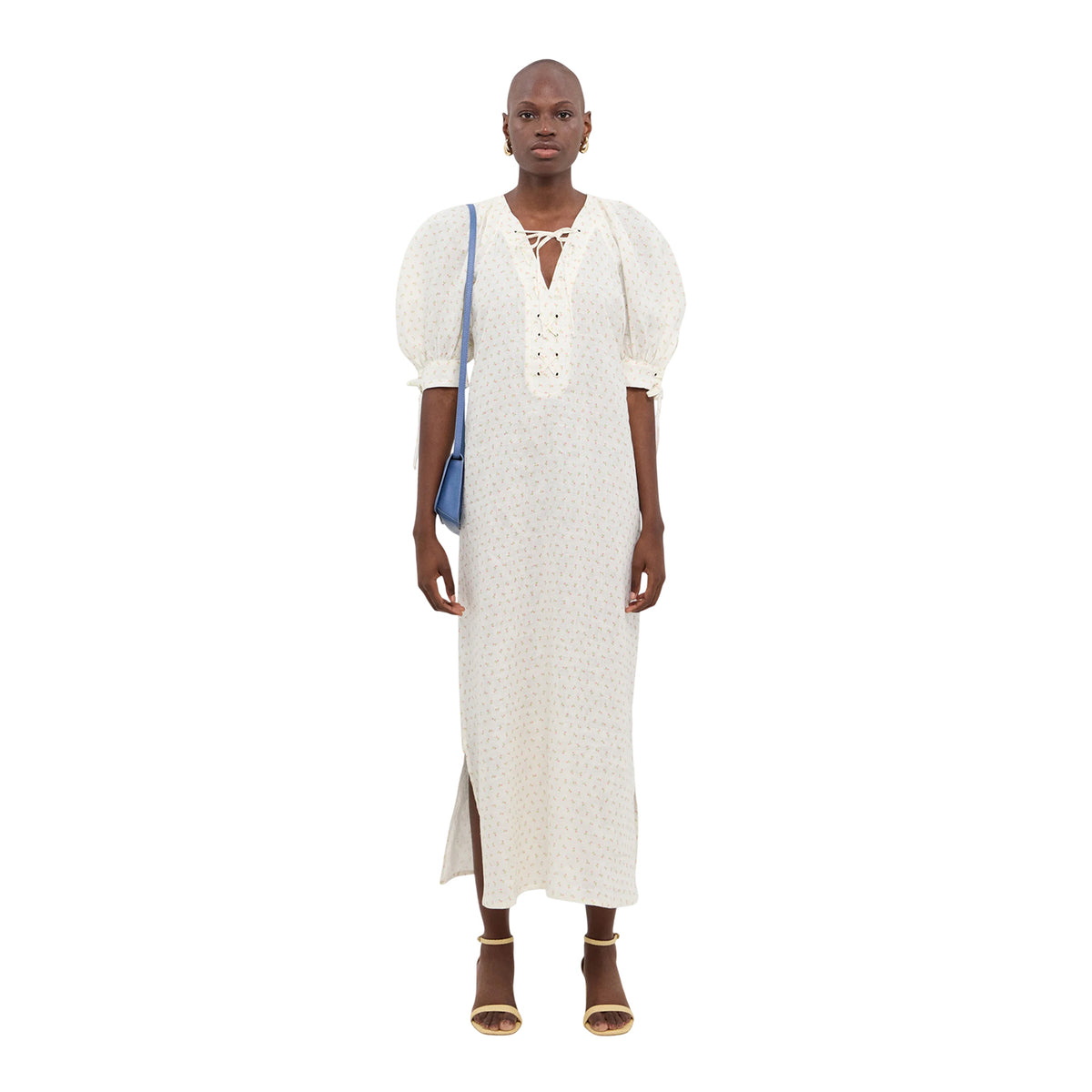 White - Lifestyle - Sleeper Womens-Ladies Floral Linen Loose Fit Puff Sleeve Midi Dress