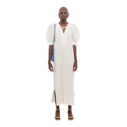 White - Lifestyle - Sleeper Womens-Ladies Floral Linen Loose Fit Puff Sleeve Midi Dress