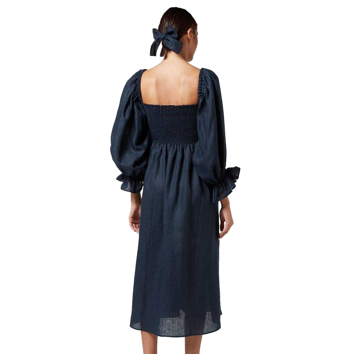Navy - Back - Sleeper Womens-Ladies Linen Puff Sleeve Midi Dress