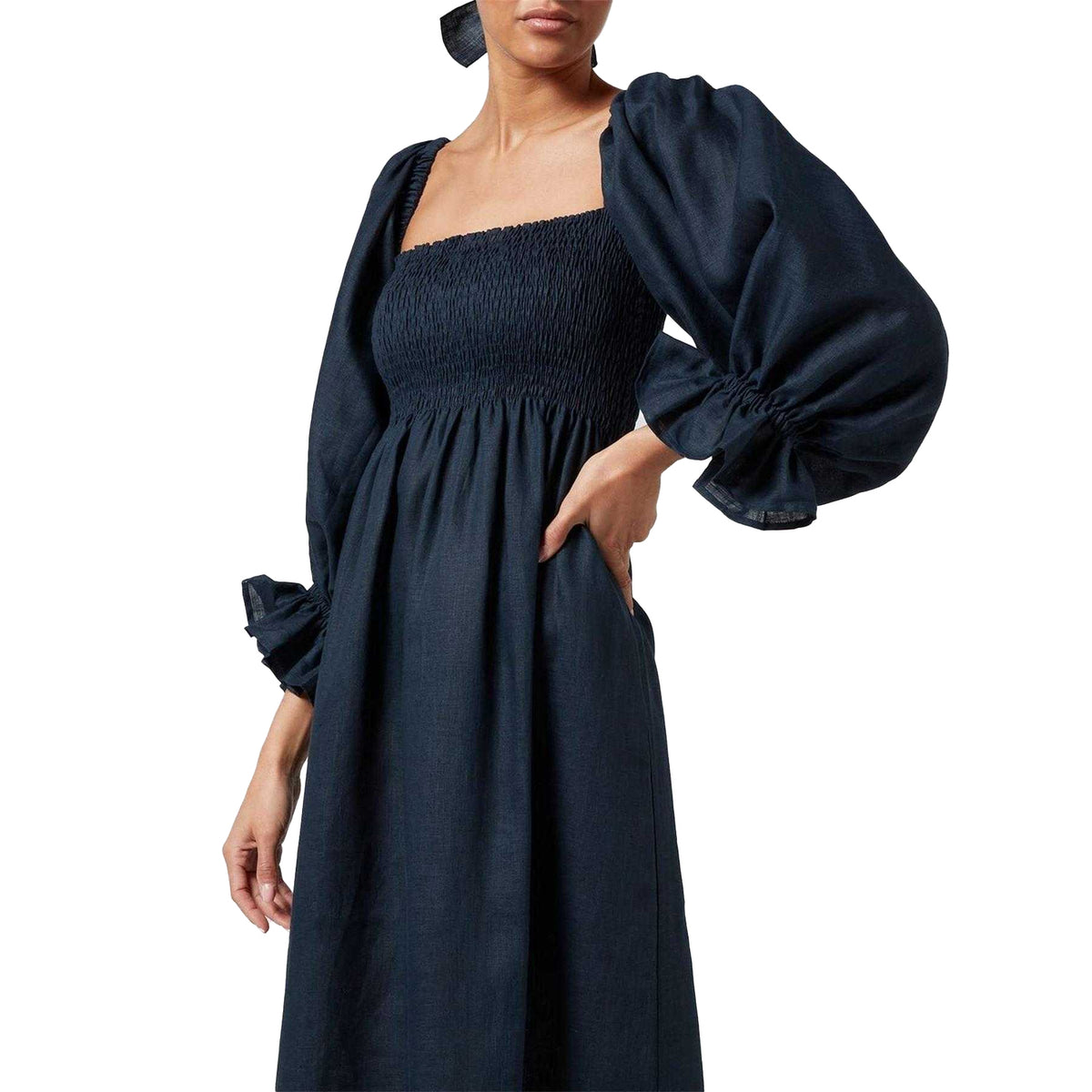 Navy - Side - Sleeper Womens-Ladies Linen Puff Sleeve Midi Dress