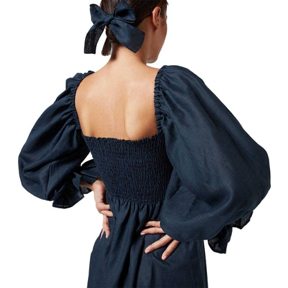 Navy - Lifestyle - Sleeper Womens-Ladies Linen Puff Sleeve Midi Dress