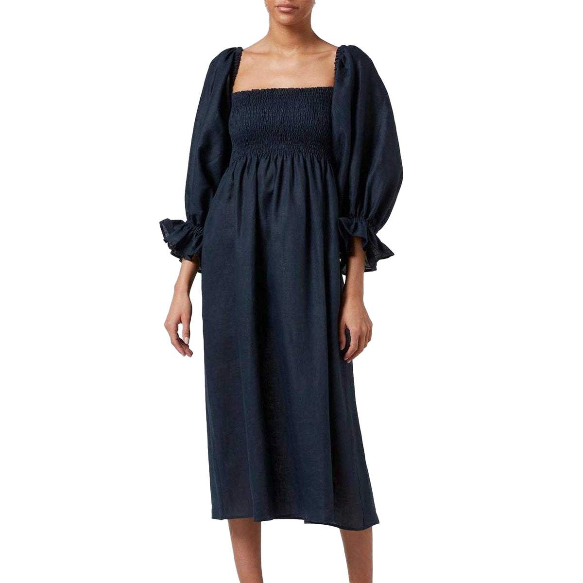 Navy - Front - Sleeper Womens-Ladies Linen Puff Sleeve Midi Dress