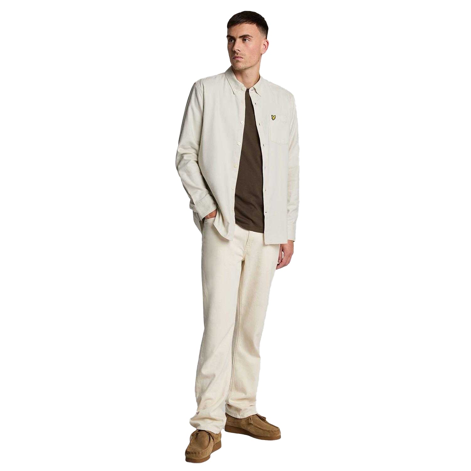 Beige - Side - Lyle & Scott Mens Plain Flannel Shirt
