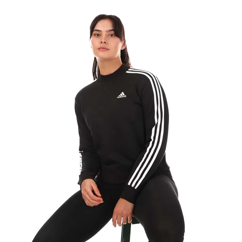Black-White - Side - Adidas Womens-Ladies Stripes Mock Neck Sweatshirt