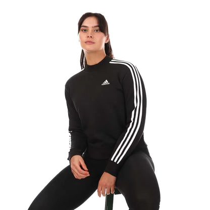 Black-White - Side - Adidas Womens-Ladies Stripes Mock Neck Sweatshirt