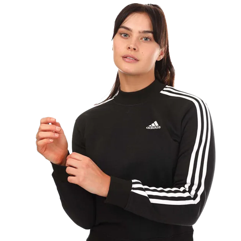 Black-White - Lifestyle - Adidas Womens-Ladies Stripes Mock Neck Sweatshirt