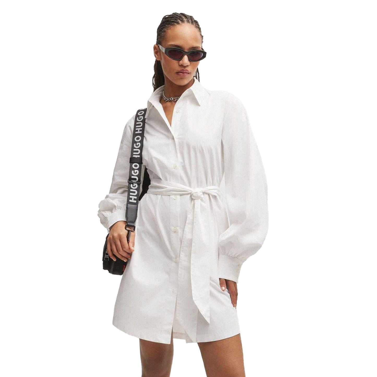 White - Side - Hugo Womens-Ladies Kaisanna Relaxed Fit Shirt Dress