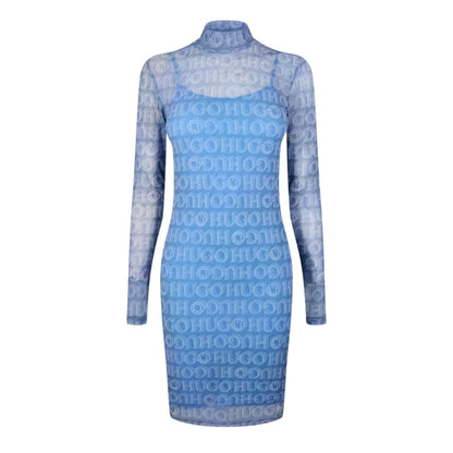 Blue - Front - Hugo Womens-Ladies Noella All Over Logo Slim Mini Dress