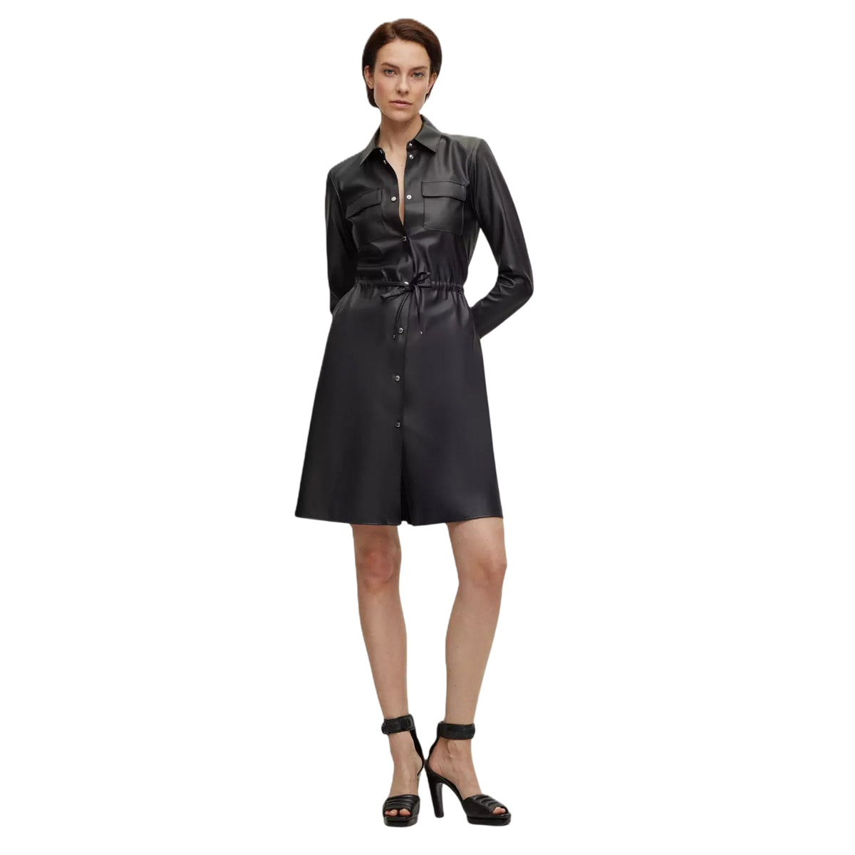 Black - Side - Boss Womens-Ladies Daledy1 Knee Length Long-Sleeved Shirt Dress