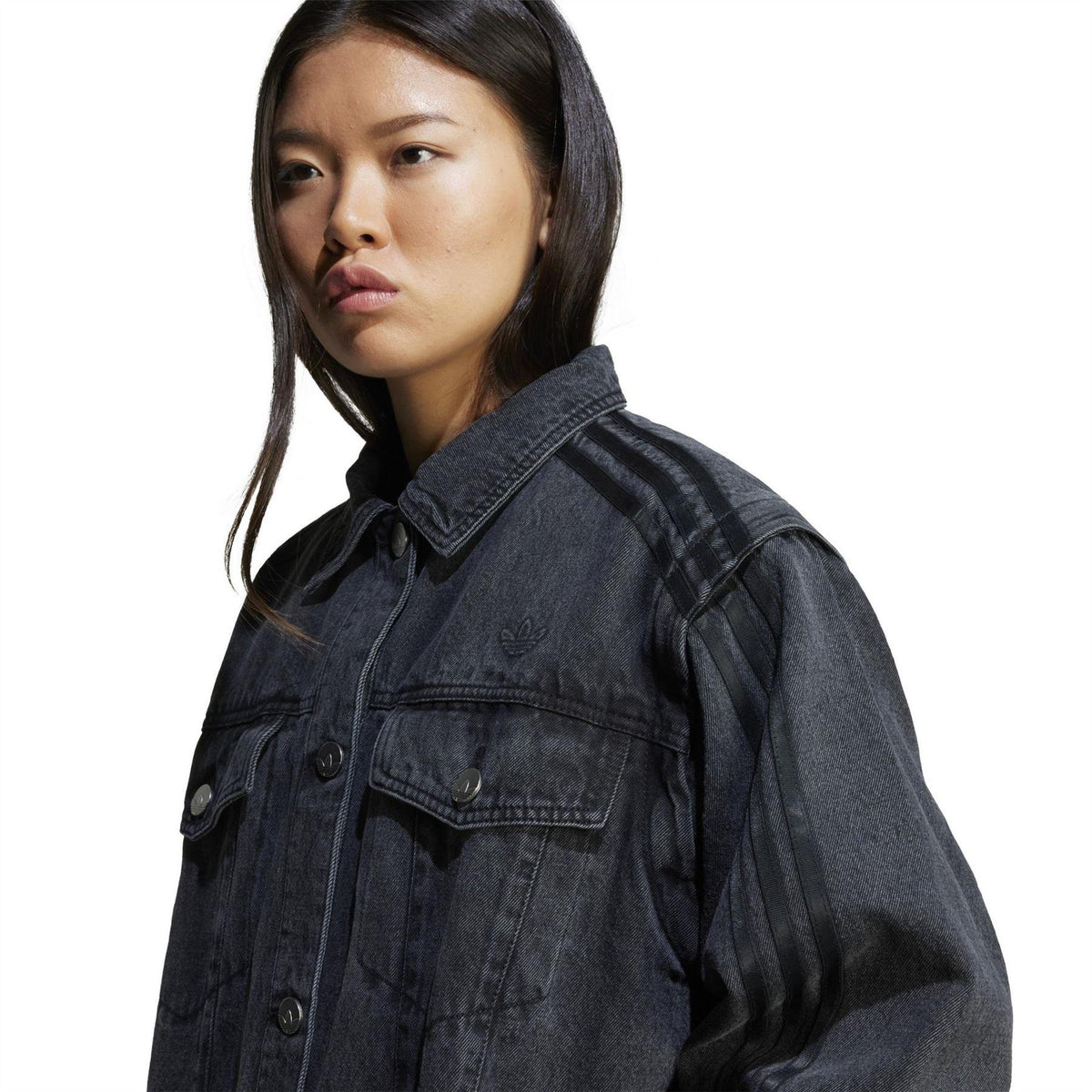 Black - Side - Adidas Womens-Ladies Originals 3 Stripes Denim Oversized Overshirt