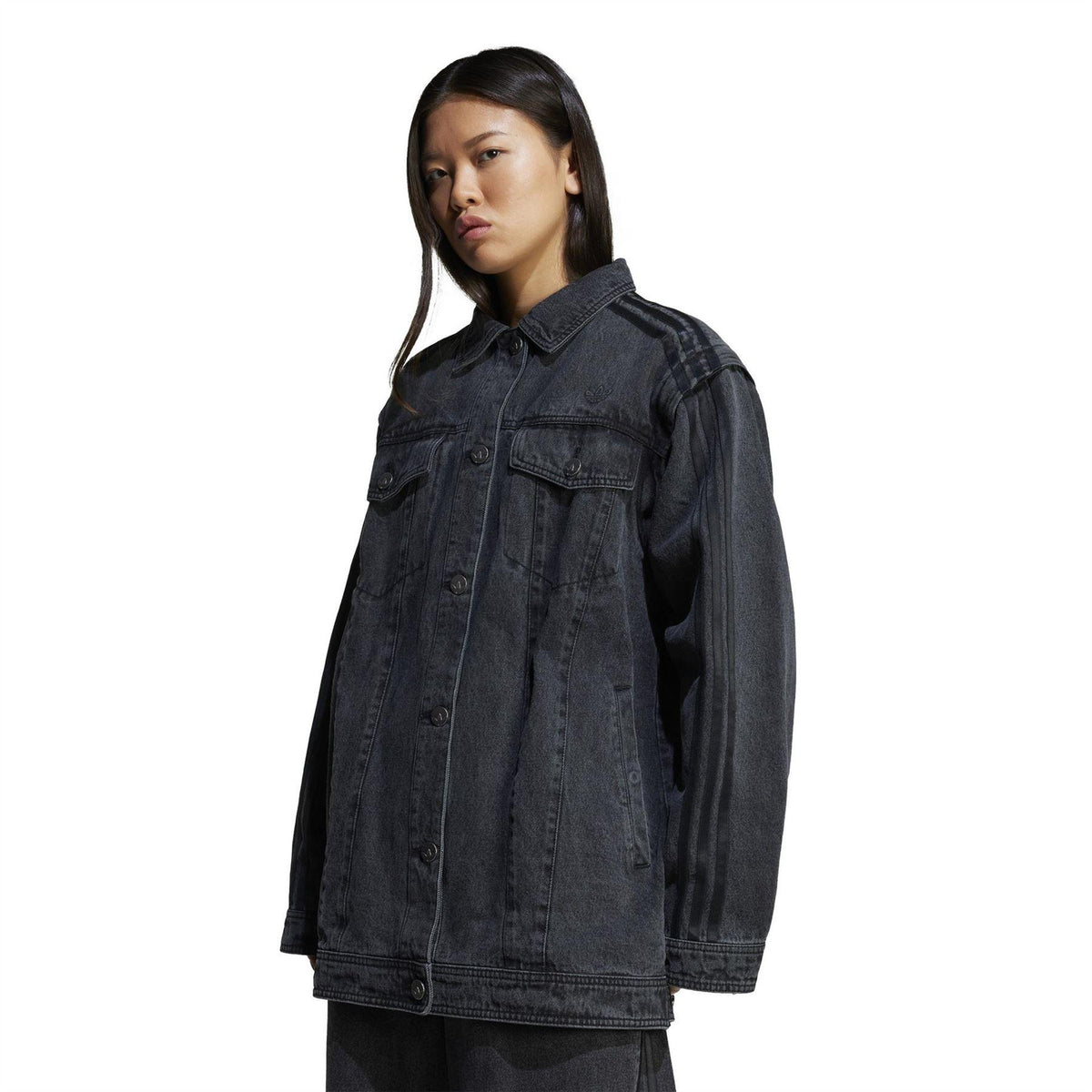 Black - Pack Shot - Adidas Womens-Ladies Originals 3 Stripes Denim Oversized Overshirt