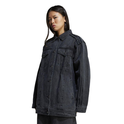 Black - Pack Shot - Adidas Womens-Ladies Originals 3 Stripes Denim Oversized Overshirt