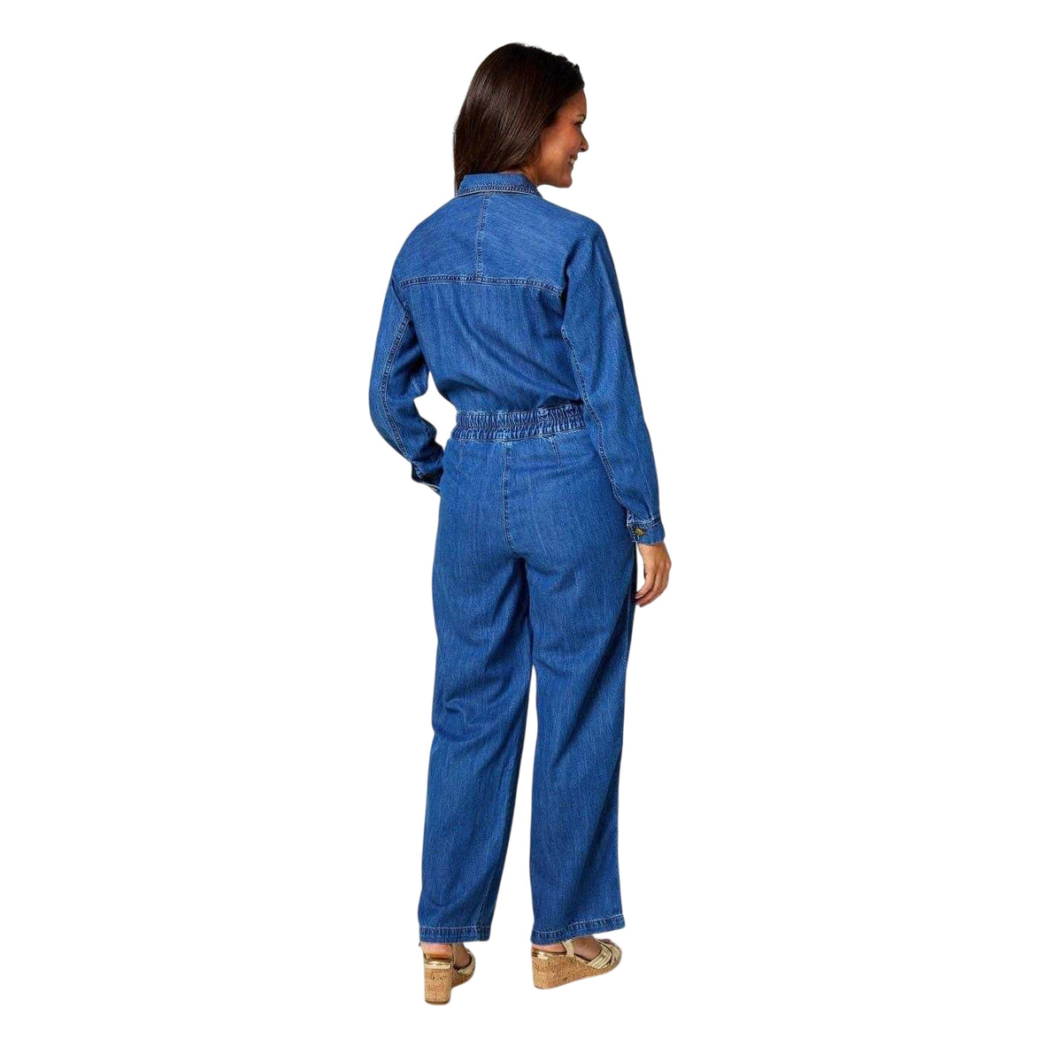 Blue - Back - Biba Womens-Ladies Denim Loose Fit Long-Sleeved Jumpsuit