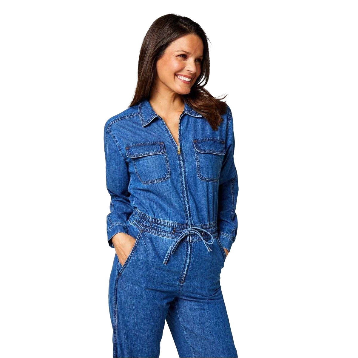 Blue - Side - Biba Womens-Ladies Denim Loose Fit Long-Sleeved Jumpsuit